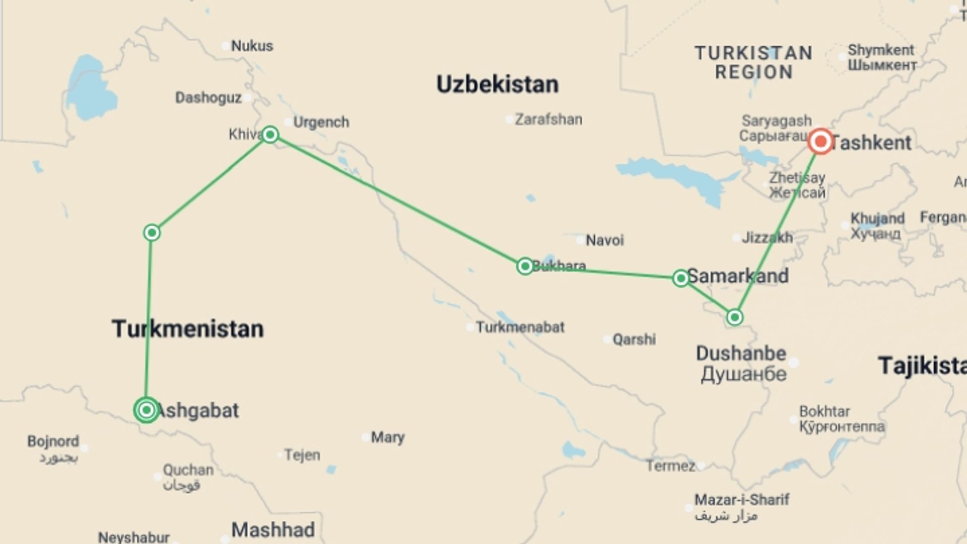 A map showing the tour itinerary for the trip: Silk Road Wonders: Turkmenistan, Uzbekistan & Tajikistan, starting in Ashgabat, Turkmenistan and ending in Tashkent, Uzbekistan going through 5 other destinations.