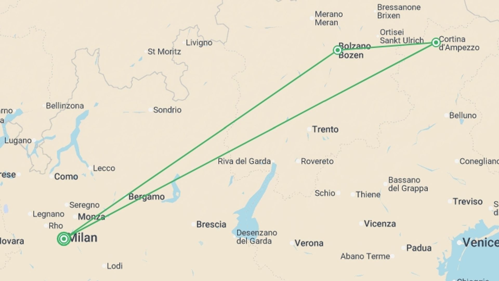 A map showing the tour itinerary for the trip: Italian Lakes, Alps & Dolomites - 9 days, starting in Milan, Italy and ending in Milan, Italy going through 2 other destinations.