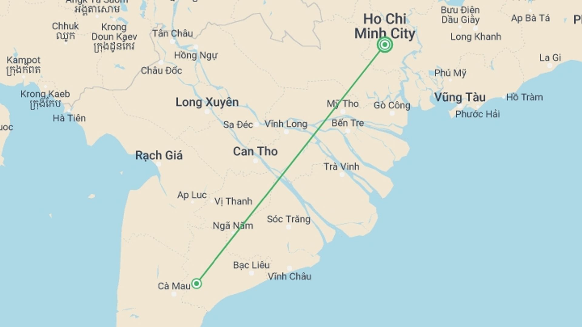 A map showing the tour itinerary for the trip: Homestay Experience in Mekong Delta, starting in Ho Chi Minh City, Vietnam and ending in Ho Chi Minh City, Vietnam going through 2 other destinations.