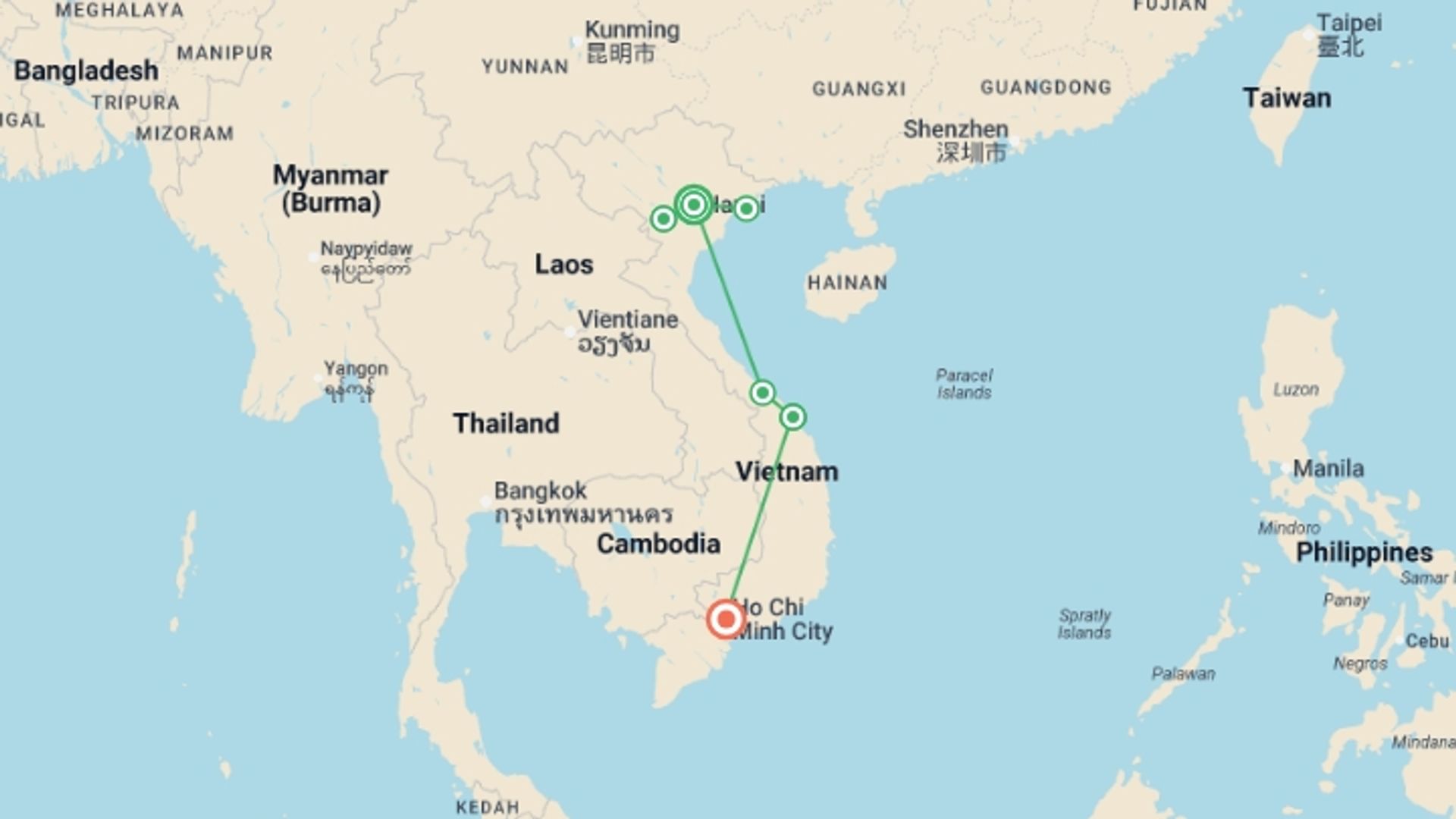 A map showing the tour itinerary for the trip: Hill Tribes, Halong Bay & Beyond - 13 days, starting in Hanoi, Vietnam and ending in Ho Chi Minh City, Vietnam going through 4 other destinations.