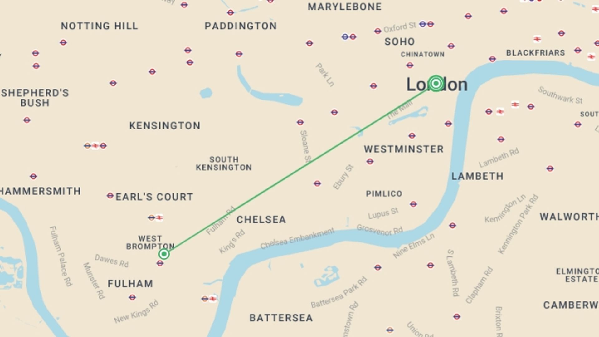 A map showing the tour itinerary for the trip: Chelsea FC: West London, Pitch to City, starting in London, England and ending in London, England going through 1 other destinations.
