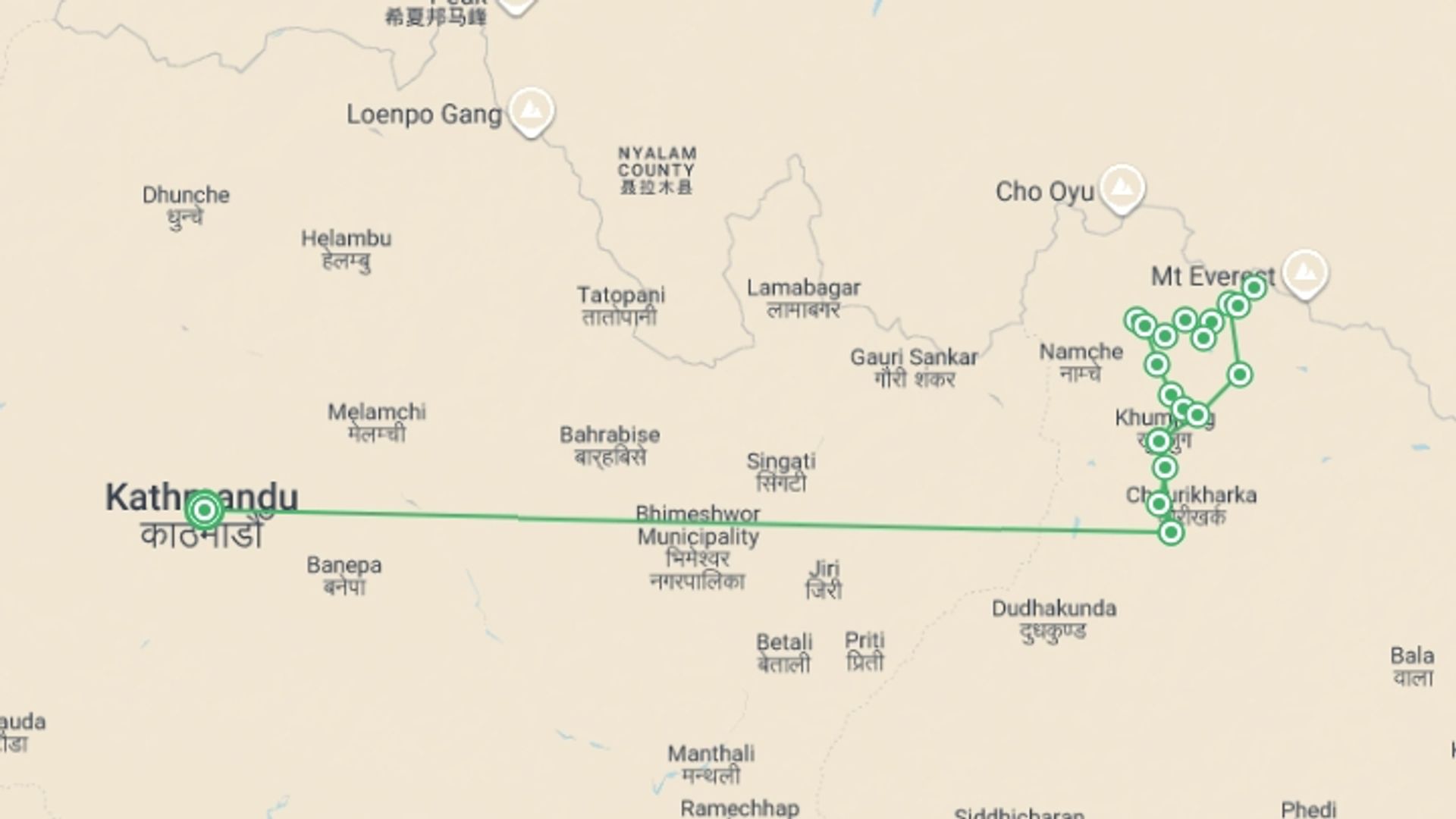 A map showing the tour itinerary for the trip: Everest Circuit & the Cho La in Comfort, starting in Kathmandu, Nepal and ending in Kathmandu, Nepal going through 17 other destinations.