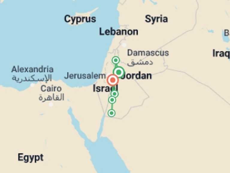 Map itinerary of Jordan Tour in May 2026 with 6 destination visits for the trip: Jordan Active Adventure