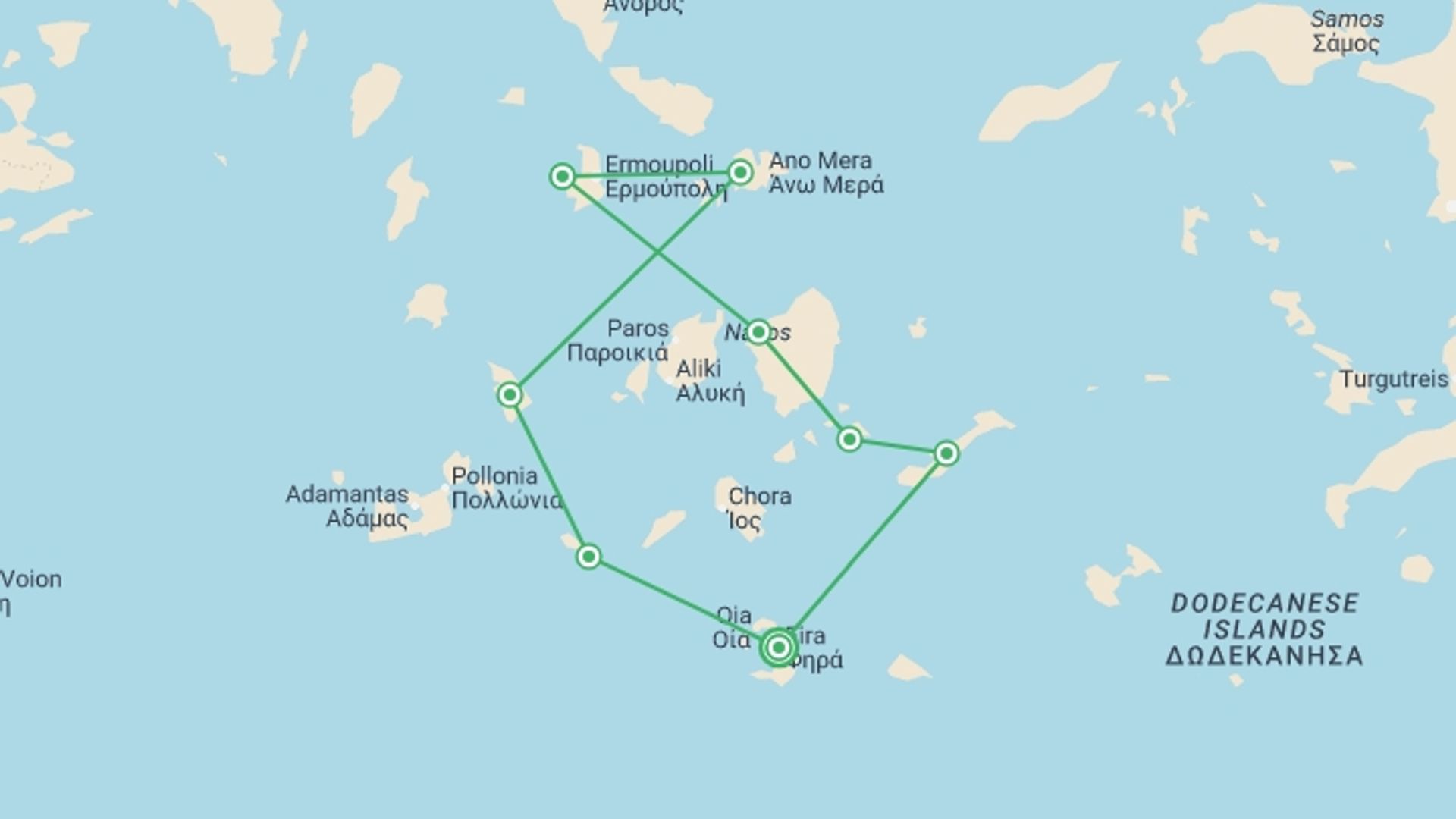 A map showing the tour itinerary for the trip: Greece Sailing Adventure: Cyclades Islands, starting in Santorini, Greece and ending in Santorini, Greece going through 7 other destinations.