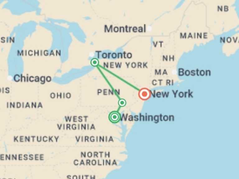 Map of a Museum and gallery visits Tour with 4 destination visits for the trip: The Big Apple, Niagara and Washington D.C.