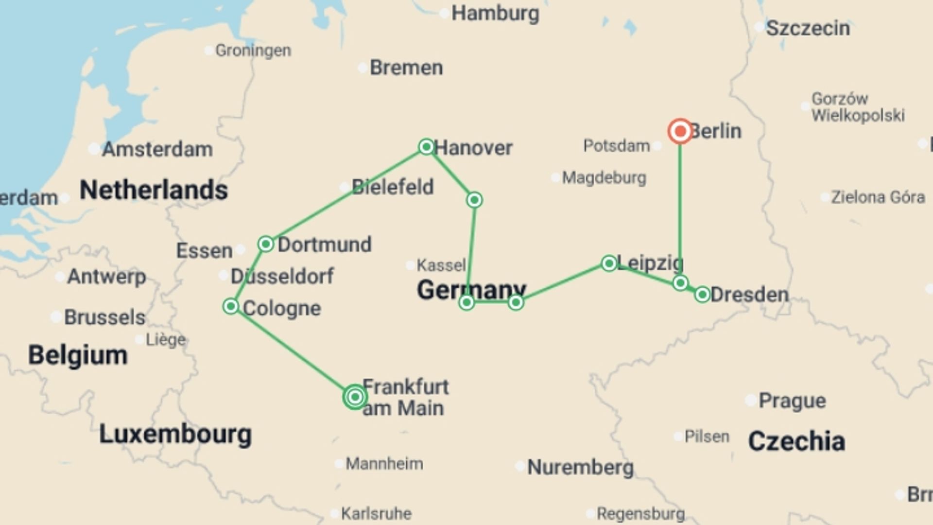 A map showing the tour itinerary for the trip: Tour of the Heart of Germany, Ending in Berlin, starting in Frankfurt, Germany and ending in Berlin, Germany going through 4 other destinations.