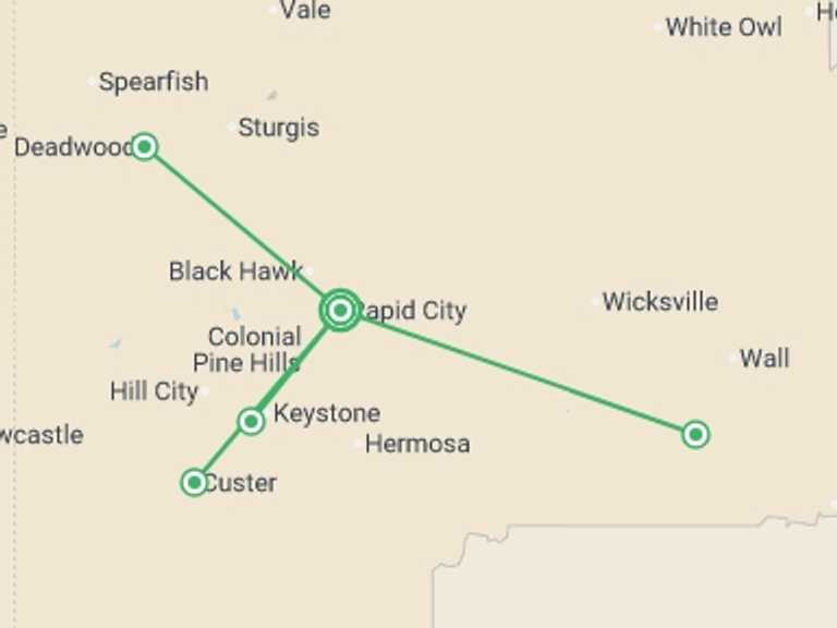 Map itinerary of North America Tour in August 2026 with 1 destination visits for the trip: Spotlight on South Dakota