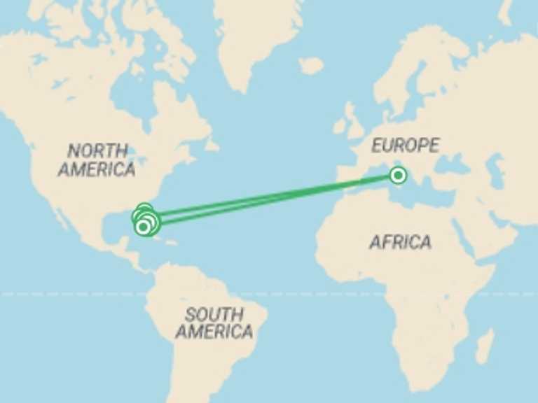 Map of North America Tour with 6 destination visits for the trip: Miami, Orlando & Key West - 8 days
