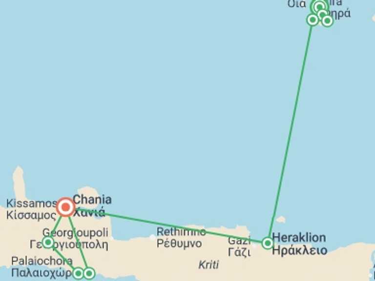 Map itinerary of Europe Tour in June 2026 with 7 destination visits for the trip: Santorini and Crete Walk