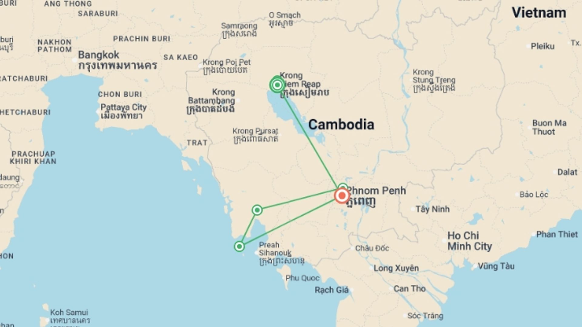 A map showing the tour itinerary for the trip: Heart of Cambodia, starting in Siem Reap, Cambodia and ending in Phnom Penh, Cambodia going through 3 other destinations.