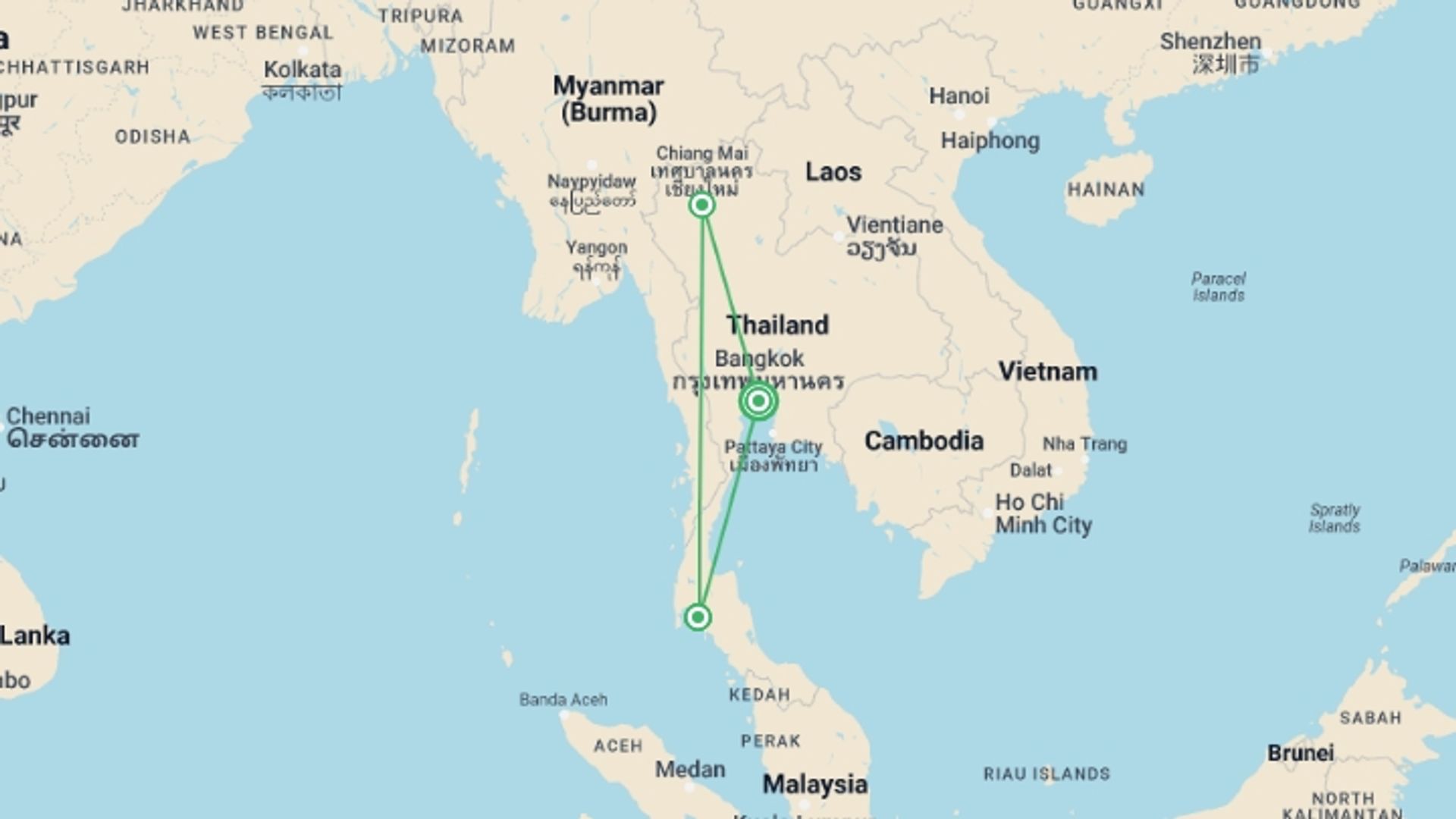 A map showing the tour itinerary for the trip: Bangkok Basics, Chiang Mai City Package & Krabi Beach Package, Small Group Tour, starting in Bangkok, Thailand and ending in Bangkok, Thailand going through 2 other destinations.
