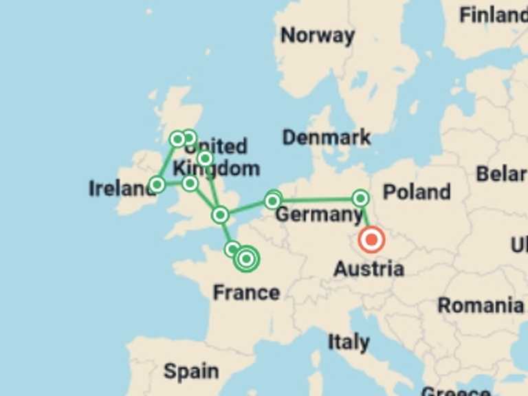 Map itinerary of Mediterranean Tour in June 2026 with 12 destination visits for the trip: Electrifying Europe