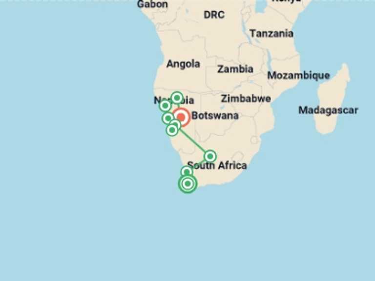 Map itinerary of Africa Tour in April 2027 with 9 destination visits for the trip: Namibia Discovery
