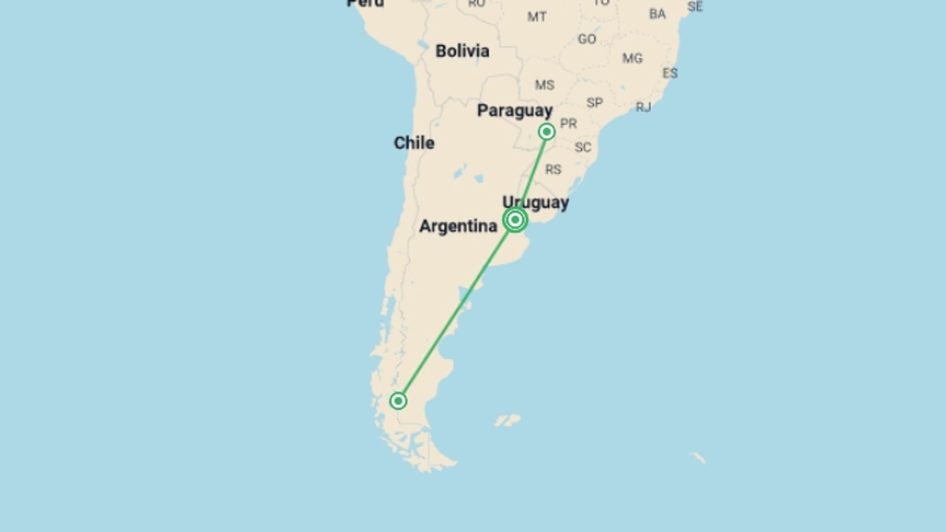 A map showing the tour itinerary for the trip: Treasures Of Argentina, starting in Buenos Aires, Argentina and ending in Buenos Aires, Argentina going through 2 other destinations.