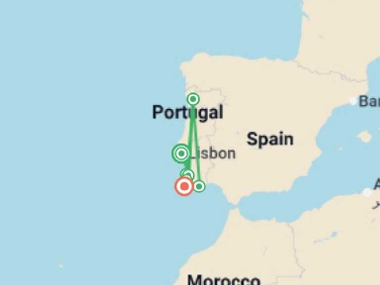 Map itinerary of Lisbon Tour in September 2027 with 6 destination visits for the trip: Hike the Rota Vicentina in Portugal