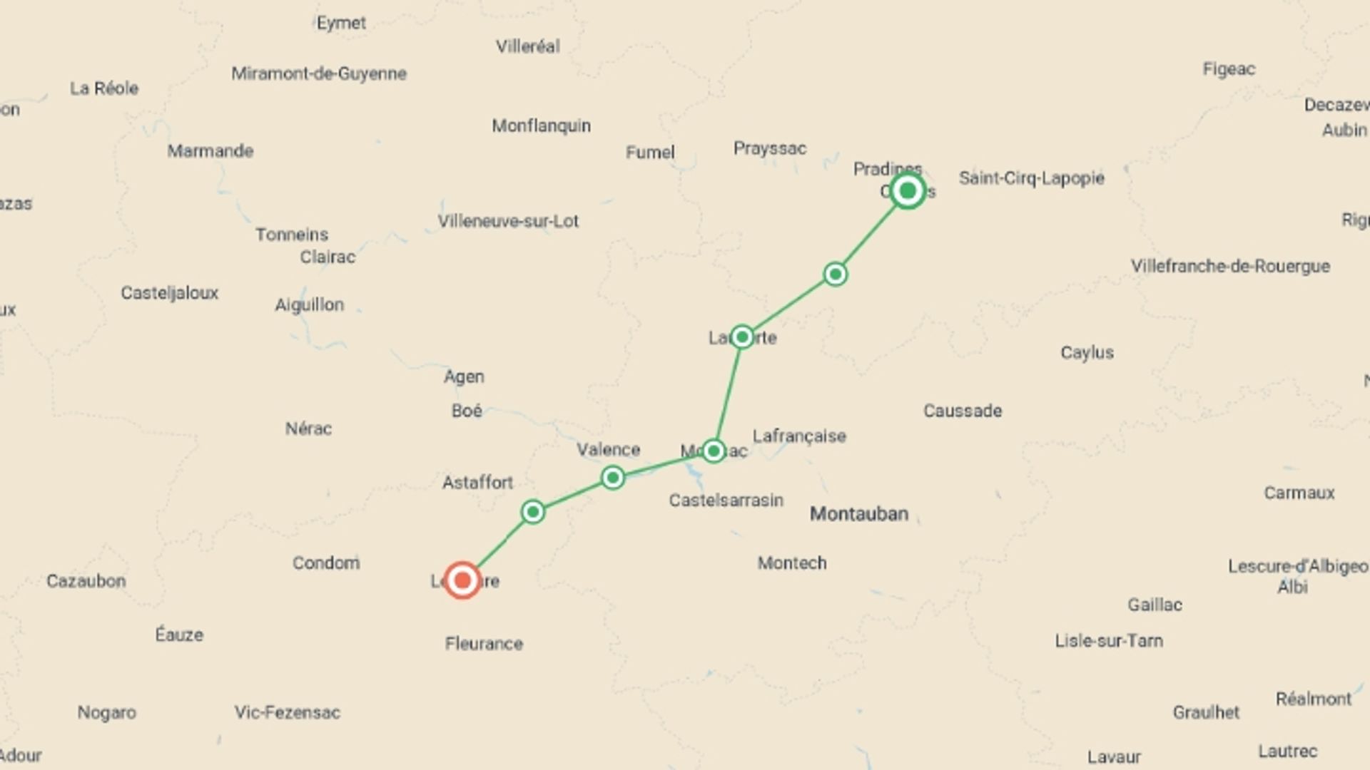 A map showing the tour itinerary for the trip: Le Puy Camino - Cahors to Lectoure, starting in The Way of St. James, France and ending in Lectoure, France going through 6 other destinations.