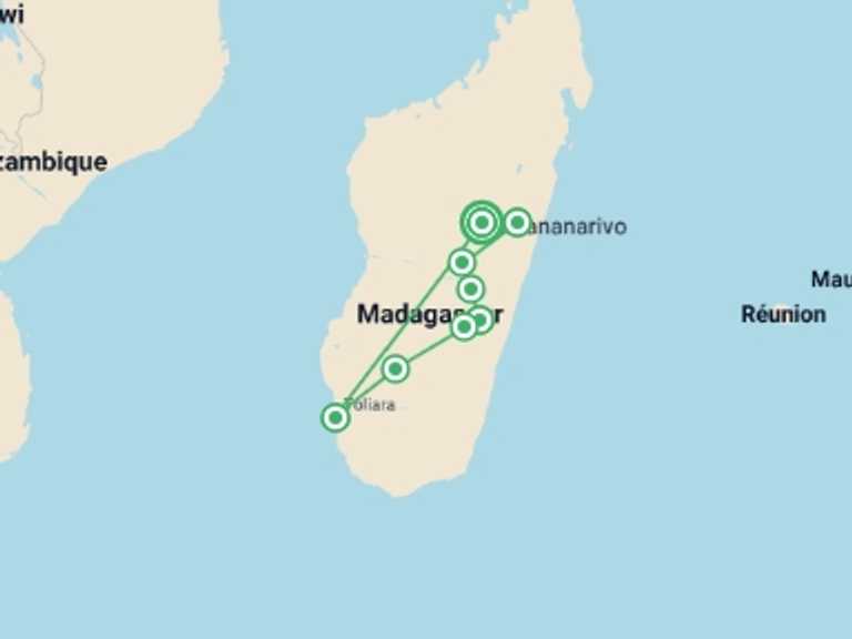 Map of a Wildlife Tour with 8 destination visits for the trip: Madagascar Adventure