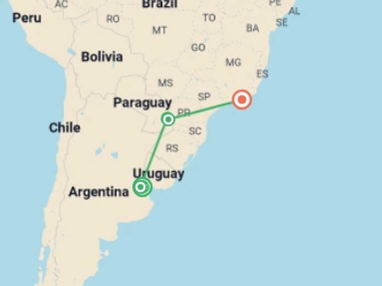 Map of South America Tour with 5 destination visits for the trip: Argentina & Brazil Adventure