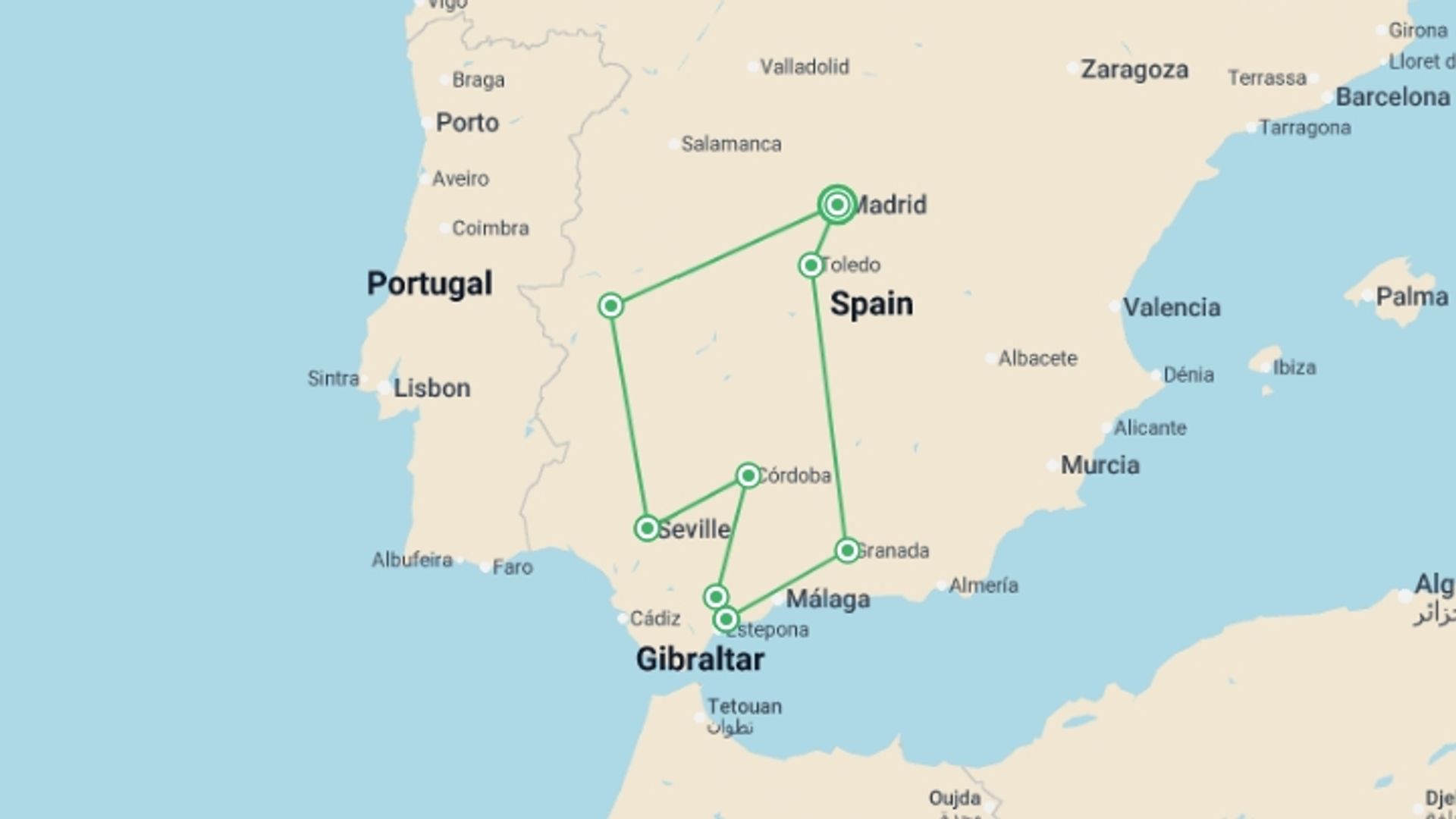 A map showing the tour itinerary for the trip: Best of Andalucia & Alhambra - 8 days, starting in Madrid, Spain and ending in Madrid, Spain going through 4 other destinations.