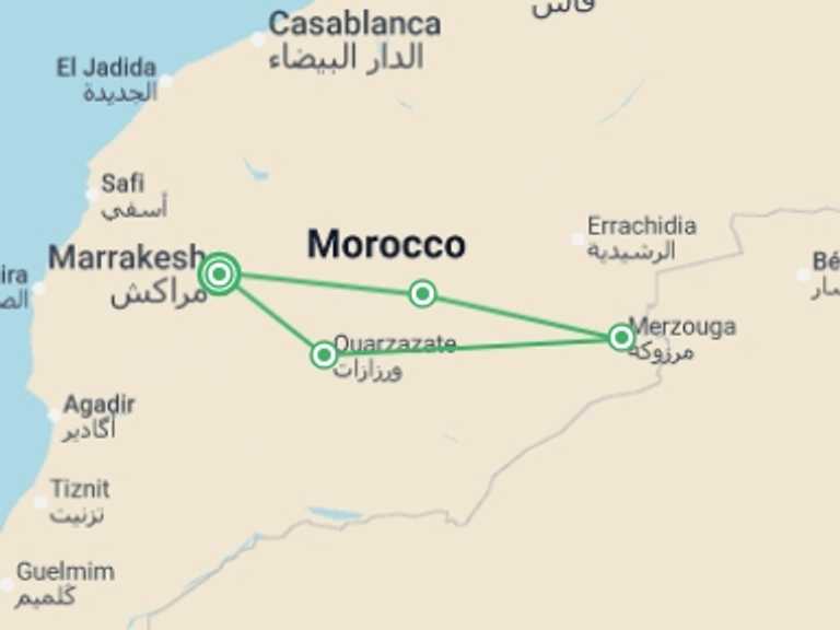Map of 4-Day Marrakech Tour with 4 destination visits for the trip: Zagora & Merzouga Desert Private Adventure 4D/3N