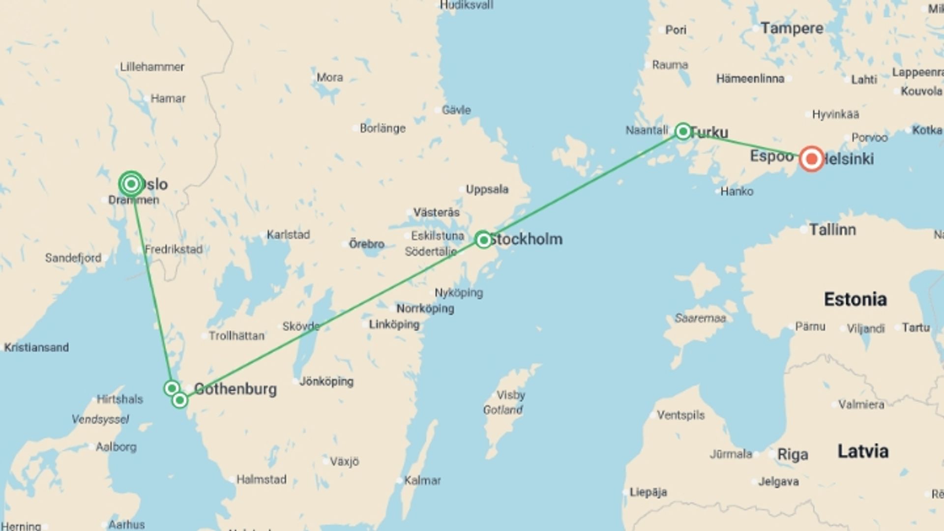 A map showing the tour itinerary for the trip: Best of Norway, Sweden & Finland, starting in Oslo, Norway and ending in Helsinki, Finland going through 5 other destinations.