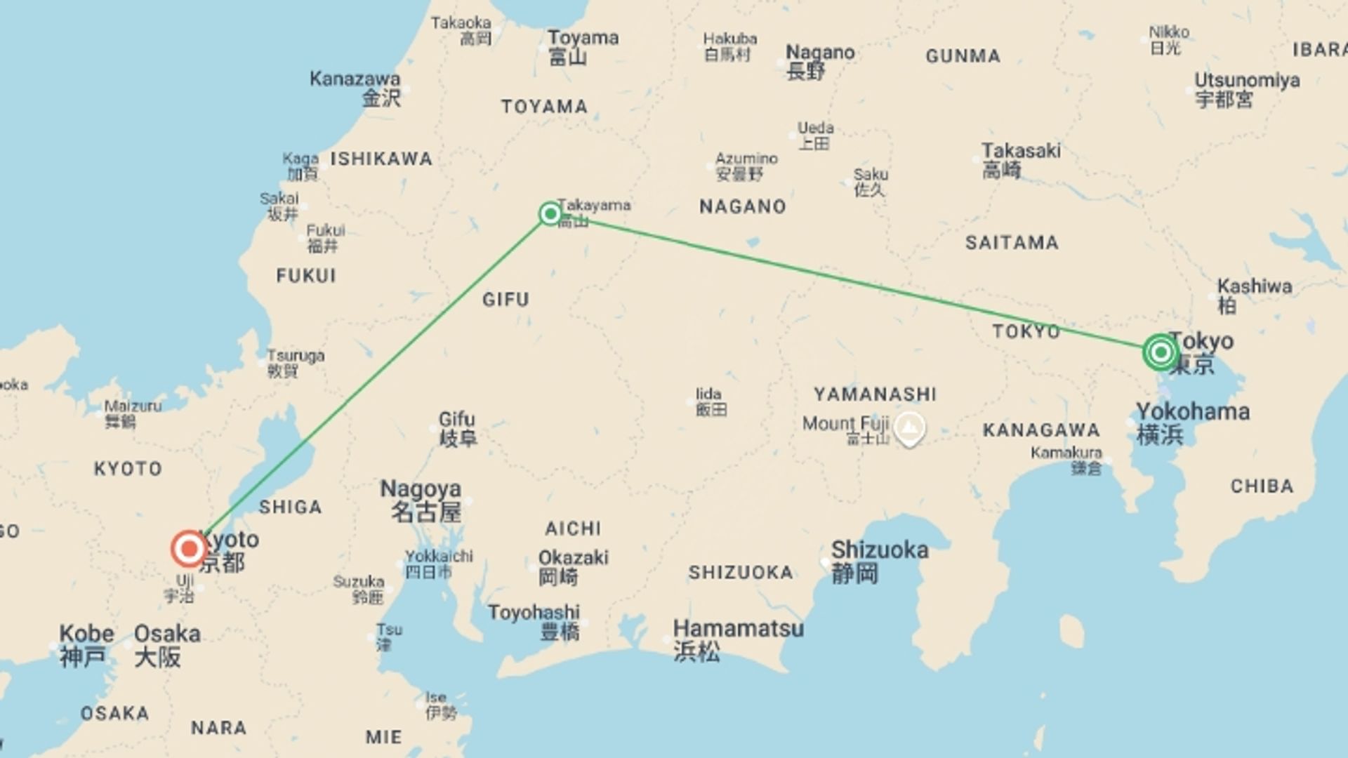 A map showing the tour itinerary for the trip: Japan: Tokyo Nights & Kyoto Temples, starting in Tokyo, Japan and ending in Kyoto, Japan going through 1 other destinations.