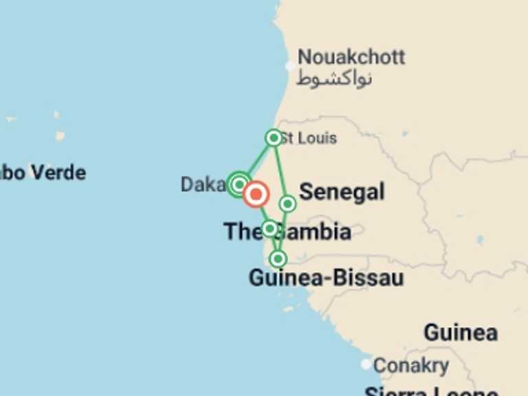 Map itinerary of Africa Tour in October 2026 with 6 destination visits for the trip: Senegal & The Gambia Adventure