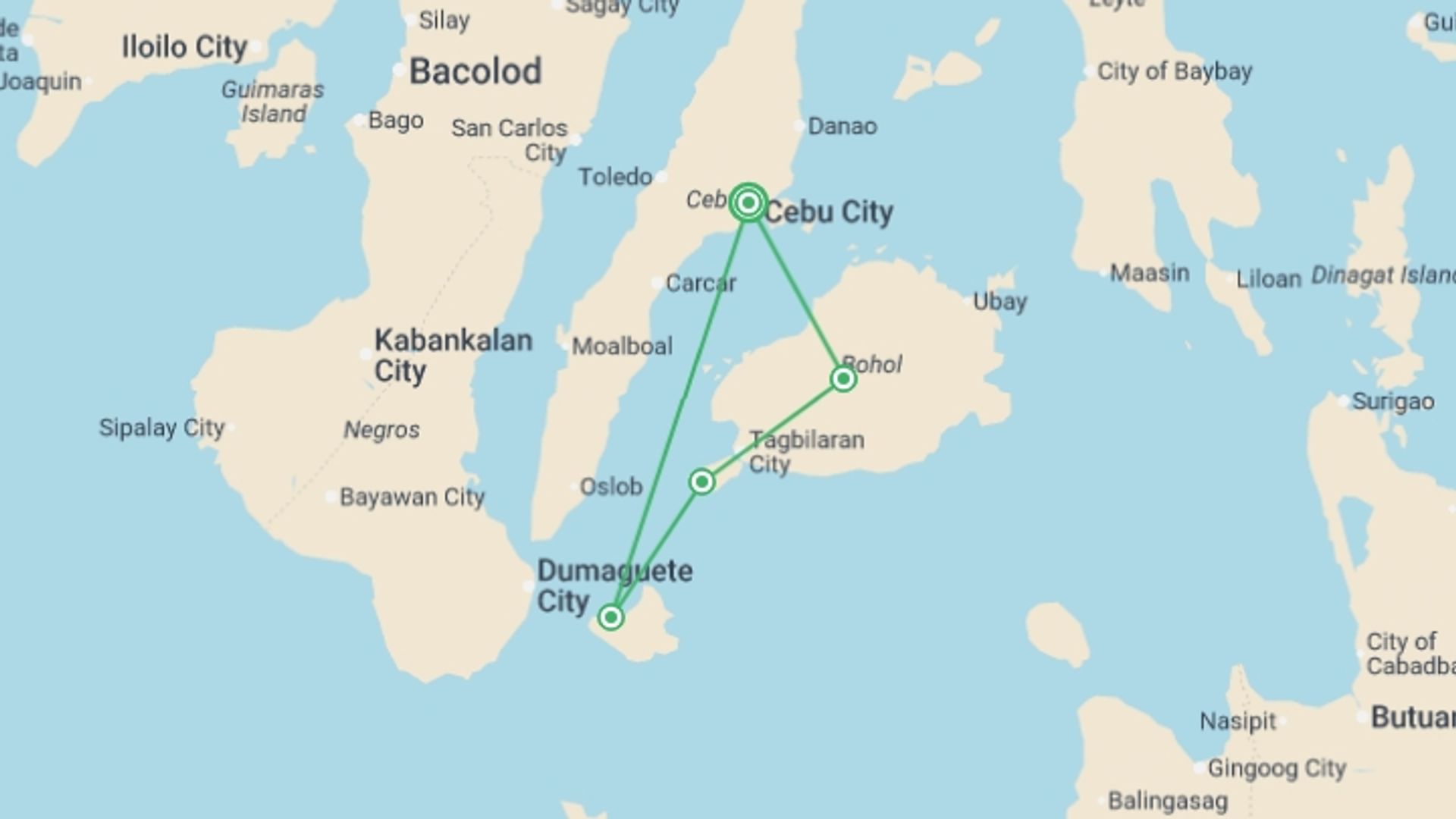A map showing the tour itinerary for the trip: Essential Philippines, starting in Cebu, Philippines and ending in Cebu, Philippines going through 3 other destinations.