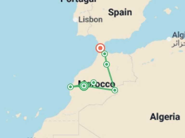 Map itinerary of Mediterranean Tour in March 2027 with 8 destination visits for the trip: Morocco: See & Experience it all in 11 days, Luxury Tour