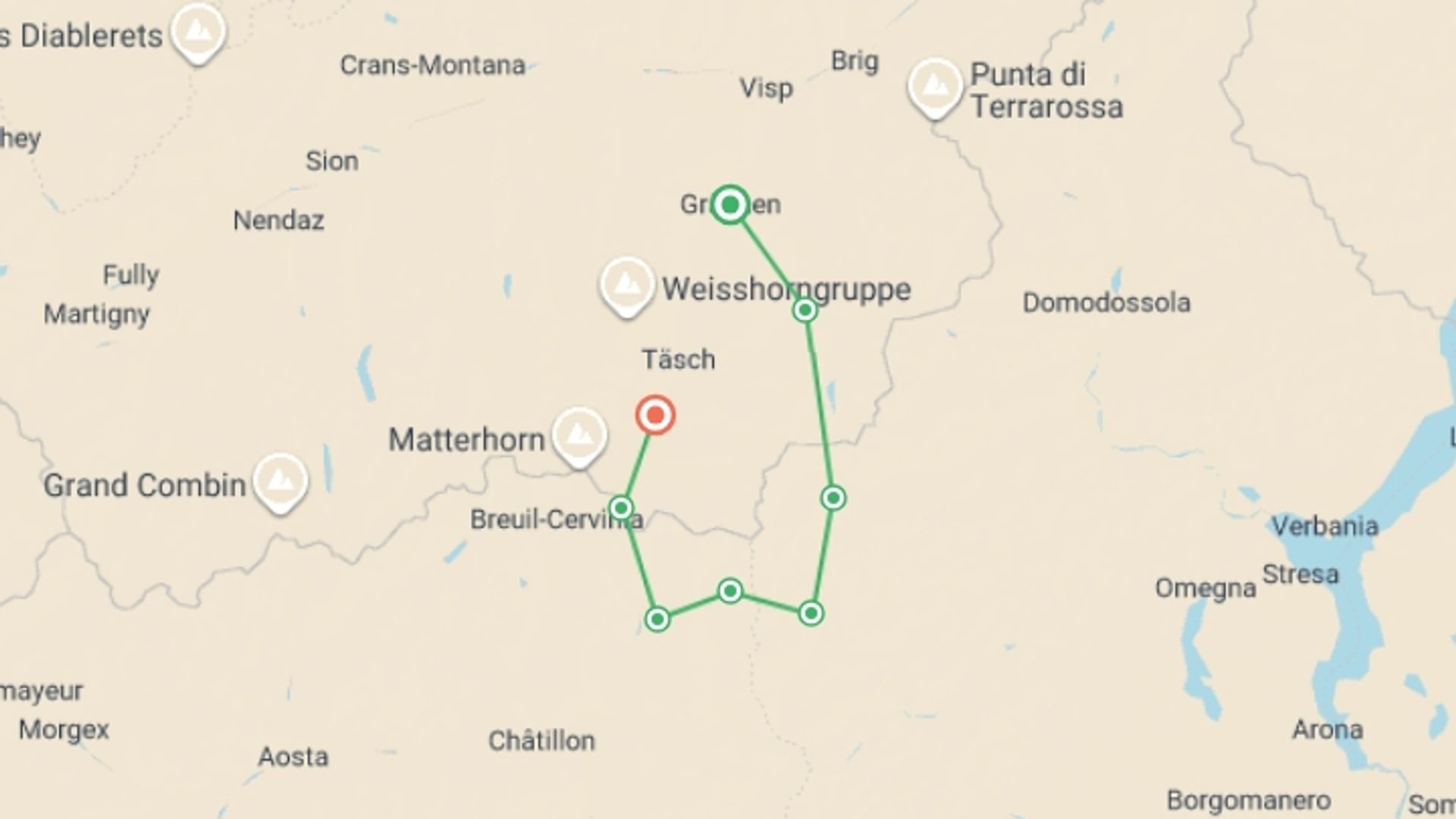 A map showing the tour itinerary for the trip: Tour de Monte Rosa Guided Hike, starting in Grächen, Switzerland and ending in Zermatt, Switzerland going through 6 other destinations.