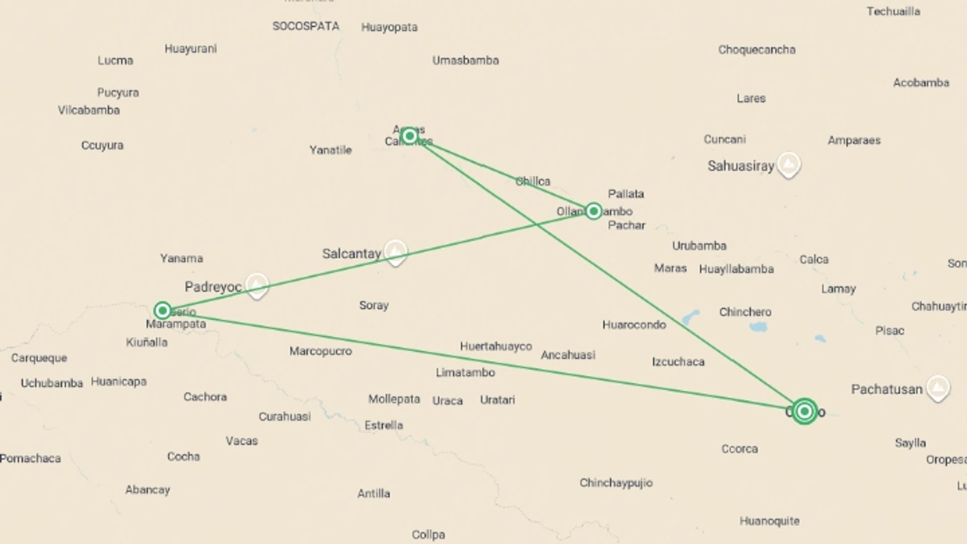 A map showing the tour itinerary for the trip: Choquequirao to Machu Picchu Express, starting in Cusco, Peru and ending in Cusco, Peru going through 3 other destinations.