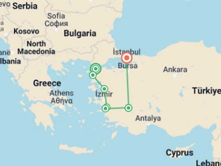 Map of a War sites Tour with 8 destination visits for the trip: Aegean Trooper Tour