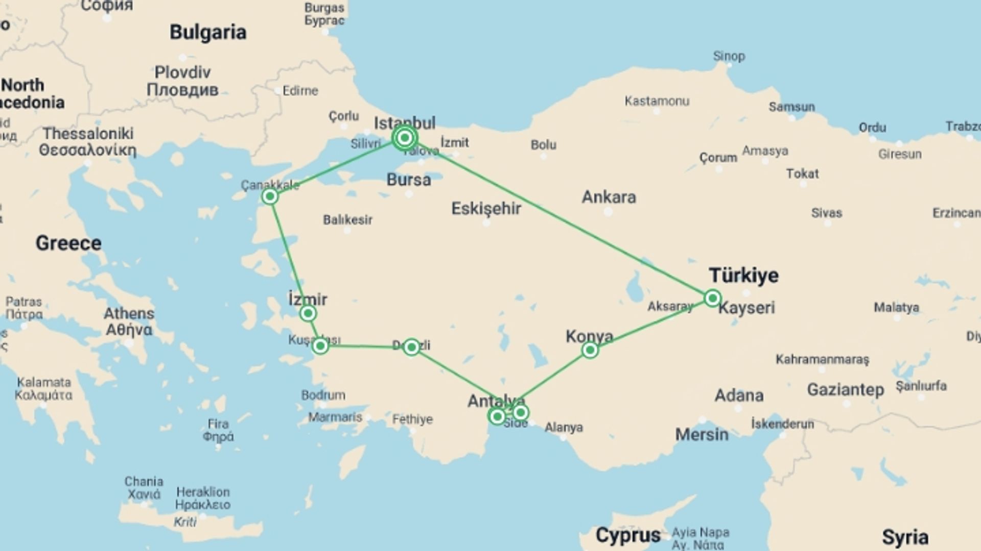 A map showing the tour itinerary for the trip: Majestic Turkey, starting in Istanbul, Turkey and ending in Istanbul, Turkey going through 7 other destinations.