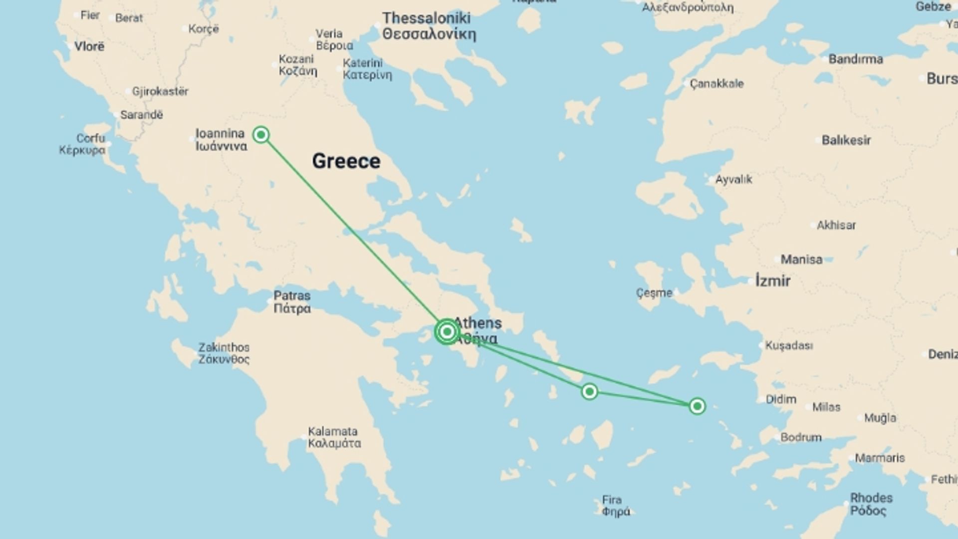 A map showing the tour itinerary for the trip: Greece and Greek Islands Cruise Ext, starting in Athens, Greece and ending in Athens, Greece going through 3 other destinations.