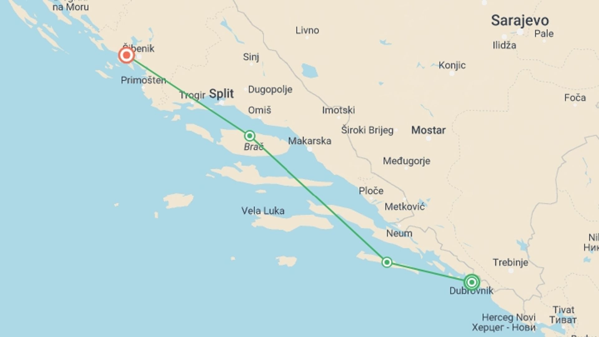 A map showing the tour itinerary for the trip: Active Croatia Discovery, starting in Dubrovnik, Croatia and ending in Sibenik, Croatia going through 2 other destinations.