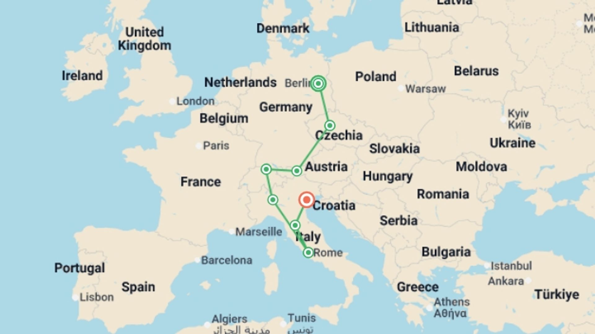 A map showing the tour itinerary for the trip: Essential Four GO, starting in Berlin, Germany and ending in Venice, Italy going through 6 other destinations.