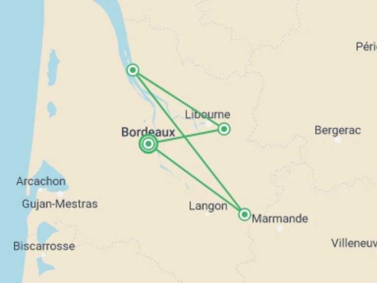 Map of Bordeaux Cruise Tour with 4 destination visits for the trip: Nature, Harmony, and Hiking on a Cruise in the Garonne Region (port-to-port cruise)