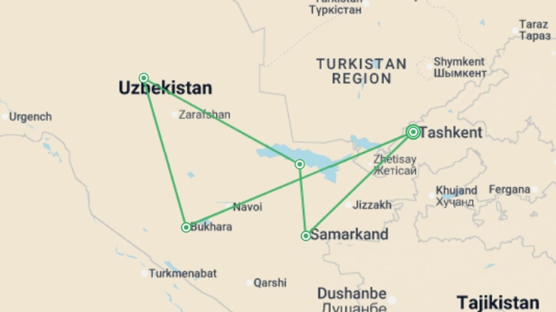 A map showing the tour itinerary for the trip: Uzbekistan Adventure, starting in Tashkent, Uzbekistan and ending in Tashkent, Uzbekistan going through 4 other destinations.