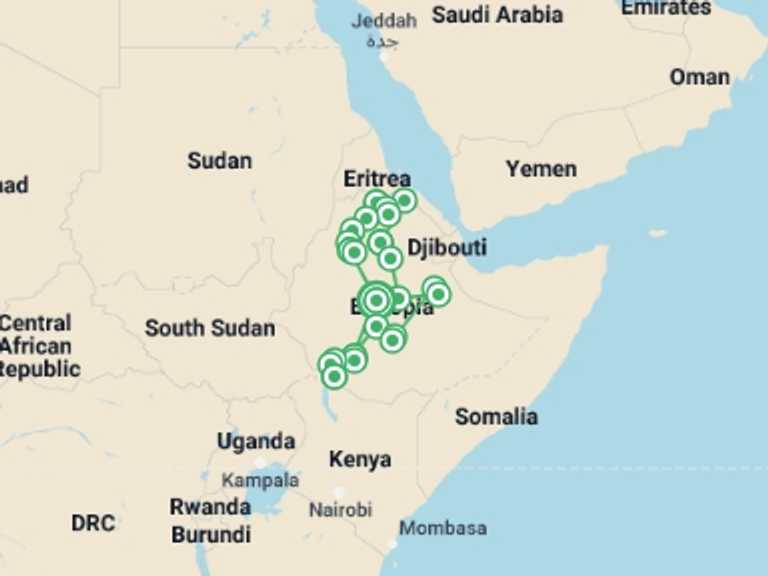 Map of a Road Tour with 21 destination visits for the trip: Complete Ethiopia