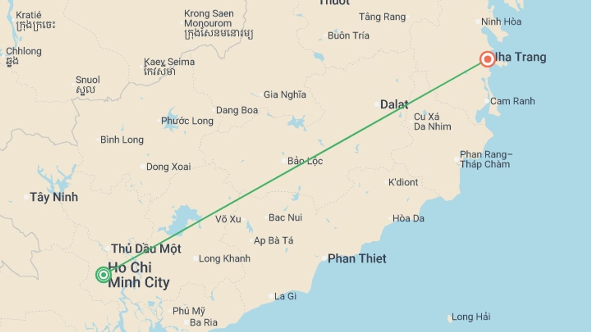 A map showing the tour itinerary for the trip: Saigon, Mekong & Nha Trang Beach Break (Superior) - 9 days, starting in Ho Chi Minh City, Vietnam and ending in Nha Trang, Vietnam going through 0 other destinations.