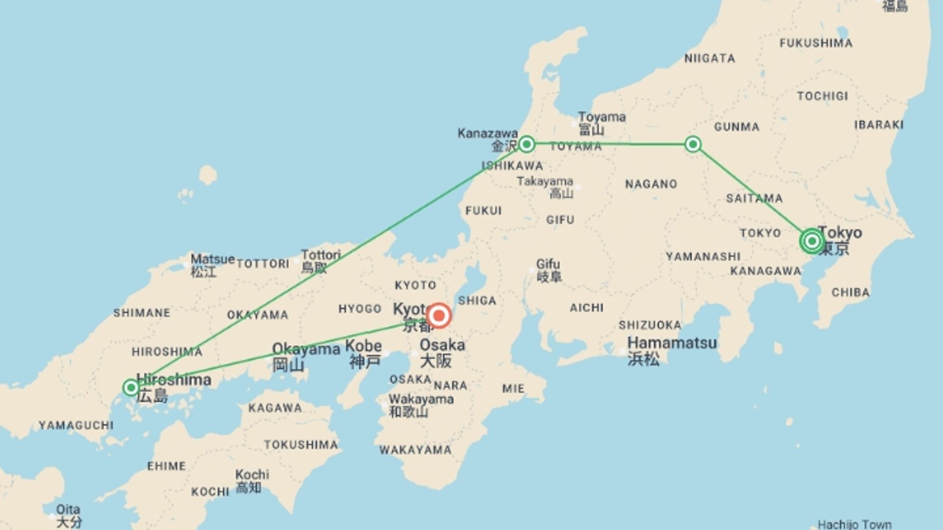 A map showing the tour itinerary for the trip: Journeys: Iconic Japan, starting in Tokyo, Japan and ending in Kyoto, Japan going through 3 other destinations.