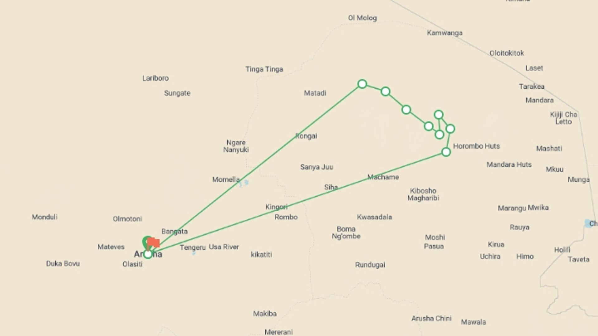 A map showing the tour itinerary for the trip: 9-Day Tanzania Holiday Kilimanjaro Climbing Lemosho Route, starting in Arusha, Tanzania and ending in Arusha, Tanzania going through 9 other destinations.