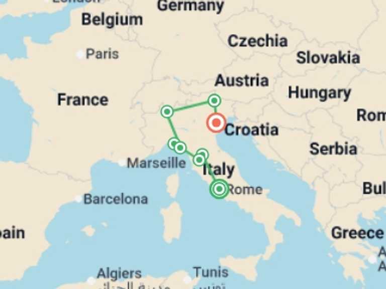 Map itinerary of Italy Tour in June 2026 with 8 destination visits for the trip: Italian Elegance