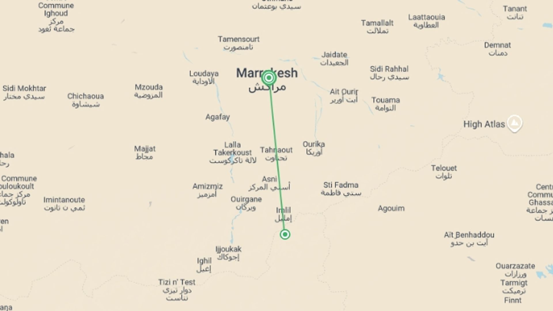 A map showing the tour itinerary for the trip: Mount Toubkal Trek 3D/2N, starting in Marrakech, Morocco and ending in Marrakech, Morocco going through 1 other destinations.
