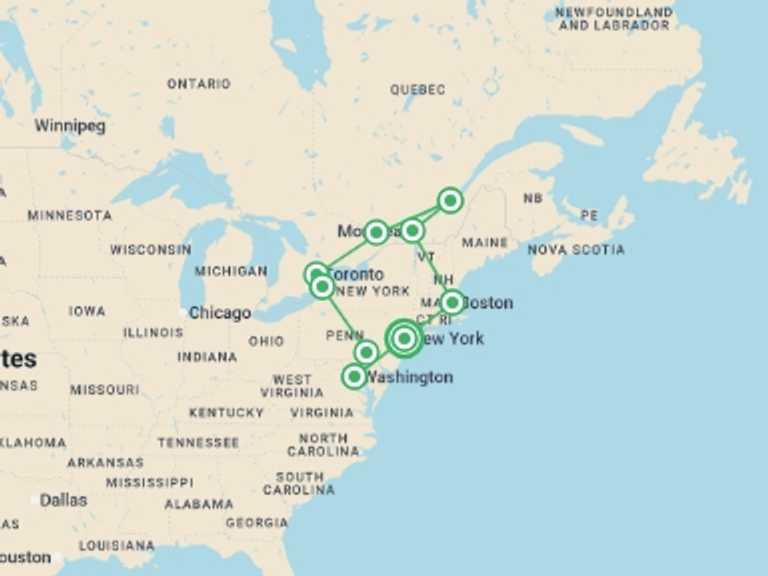 Map itinerary of USA Tour in Spring with 9 destination visits for the trip: East Coast USA and Canada