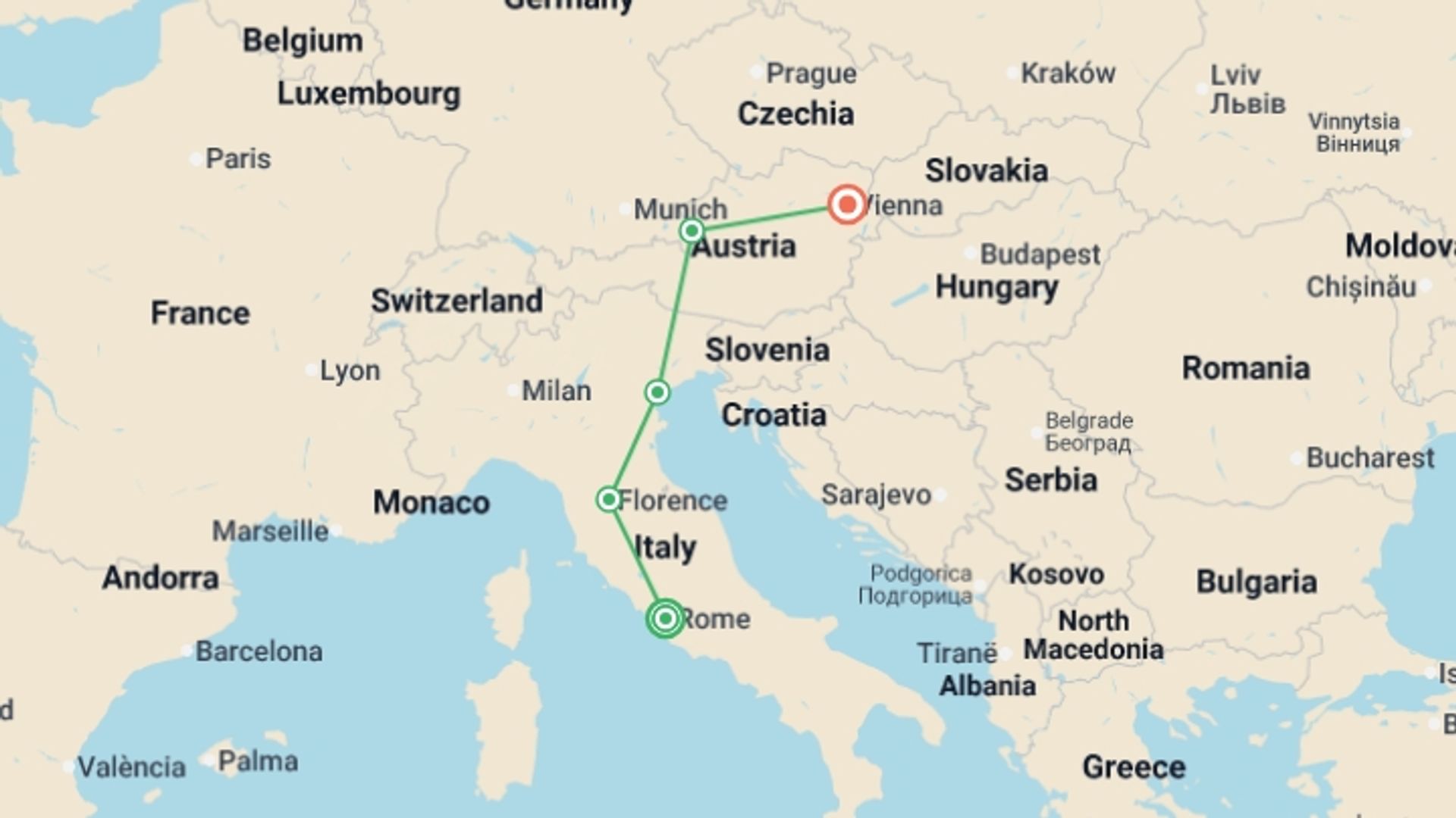 A map showing the tour itinerary for the trip: Grand Odyssey Rome to Vienna - 8 days, starting in Rome, Italy and ending in Vienna, Austria going through 3 other destinations.
