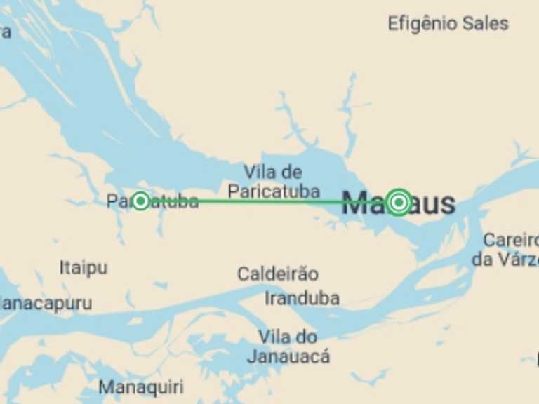Map of Manaus Rainforest and jungle visits Tour with 2 destination visits for the trip: 3 Nights Package in Amazon Jungle with Fan