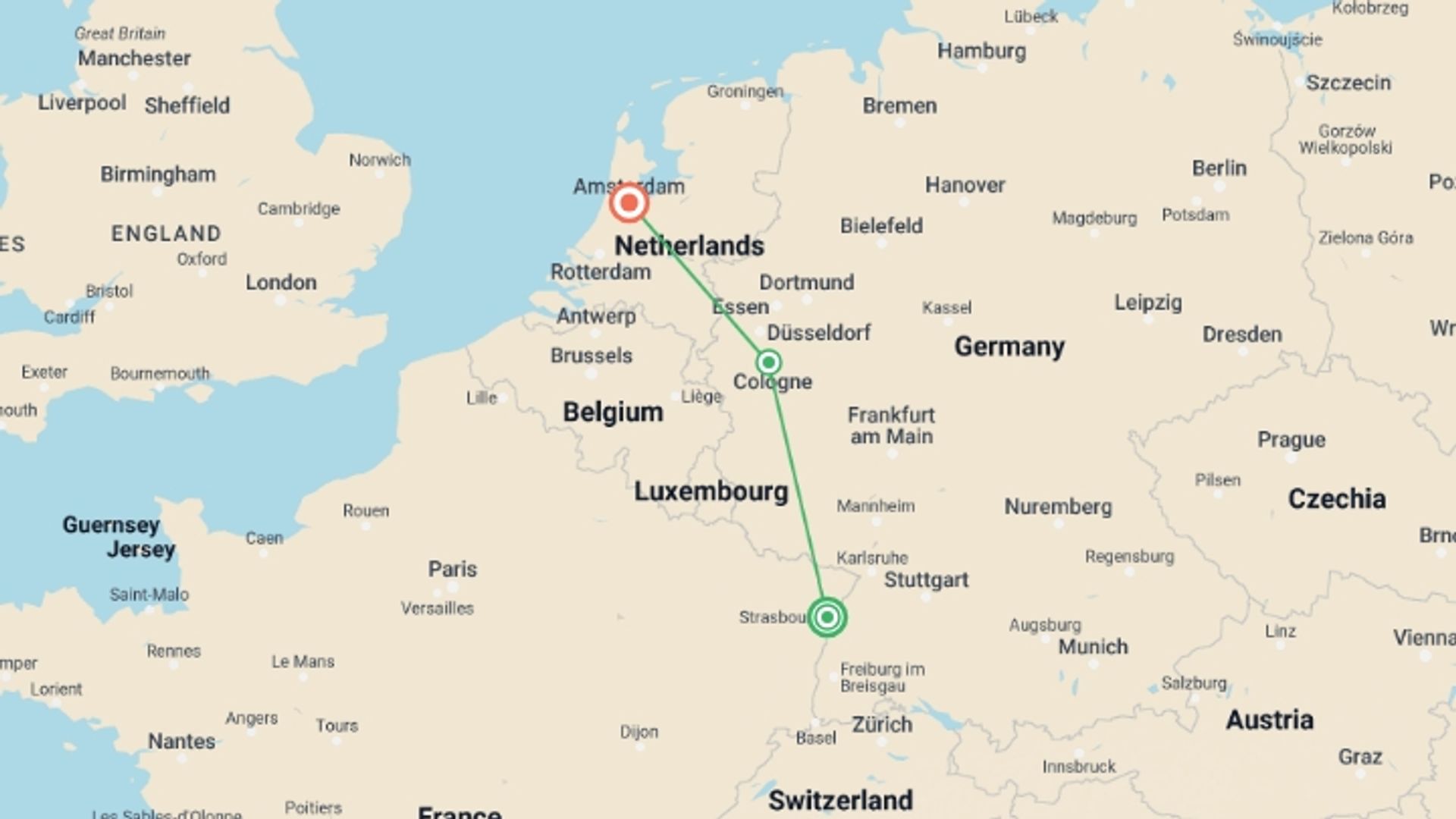 A map showing the tour itinerary for the trip: Rhineland and Dutch Christmas (port-to-port cruise), starting in Strasbourg, France and ending in Amsterdam, Holland going through 1 other destinations.