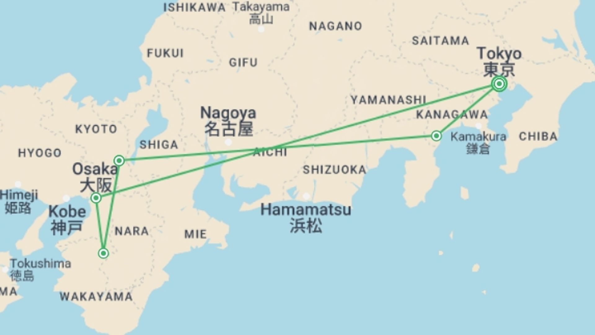 A map showing the tour itinerary for the trip: Legend of Japan, starting in Tokyo, Japan and ending in Tokyo, Japan going through 4 other destinations.