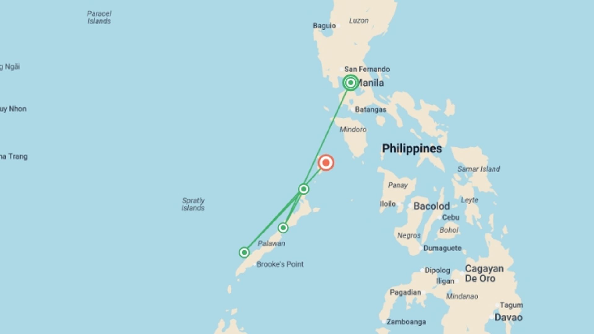 A map showing the tour itinerary for the trip: Epic Philippines: Island Hopping Adventure, starting in Manila, Philippines and ending in Coron, Philippines going through 3 other destinations.